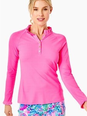 Lilly Pulitzer Bright Pink Ruffle-Trim Long Sleeve Polo your 50+ Meryl nylon piq